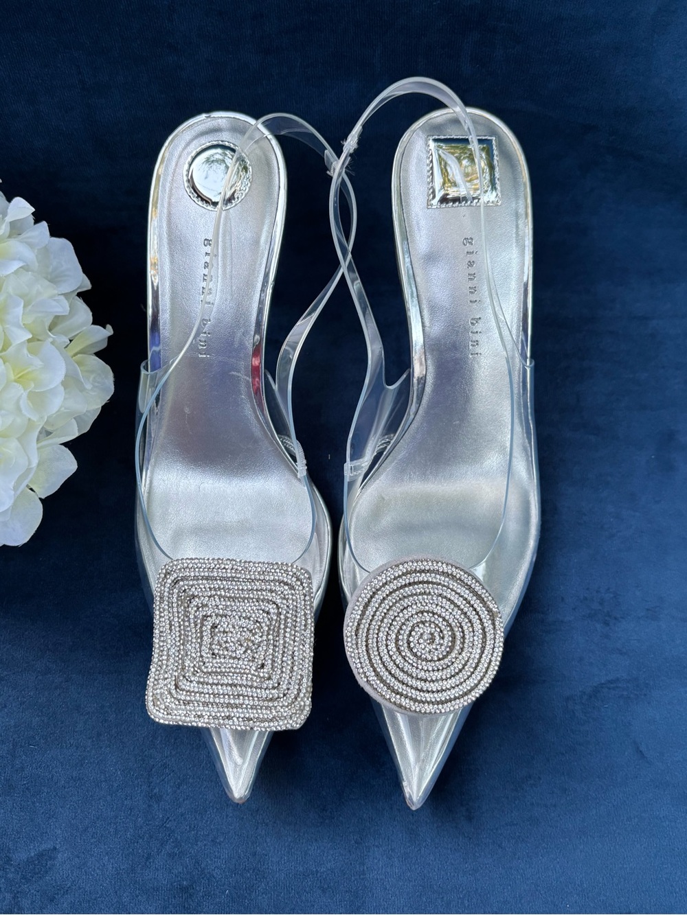 Crystal-Embellished Silver Slingback Heels - Women's size 8 - Picture 4 of 15